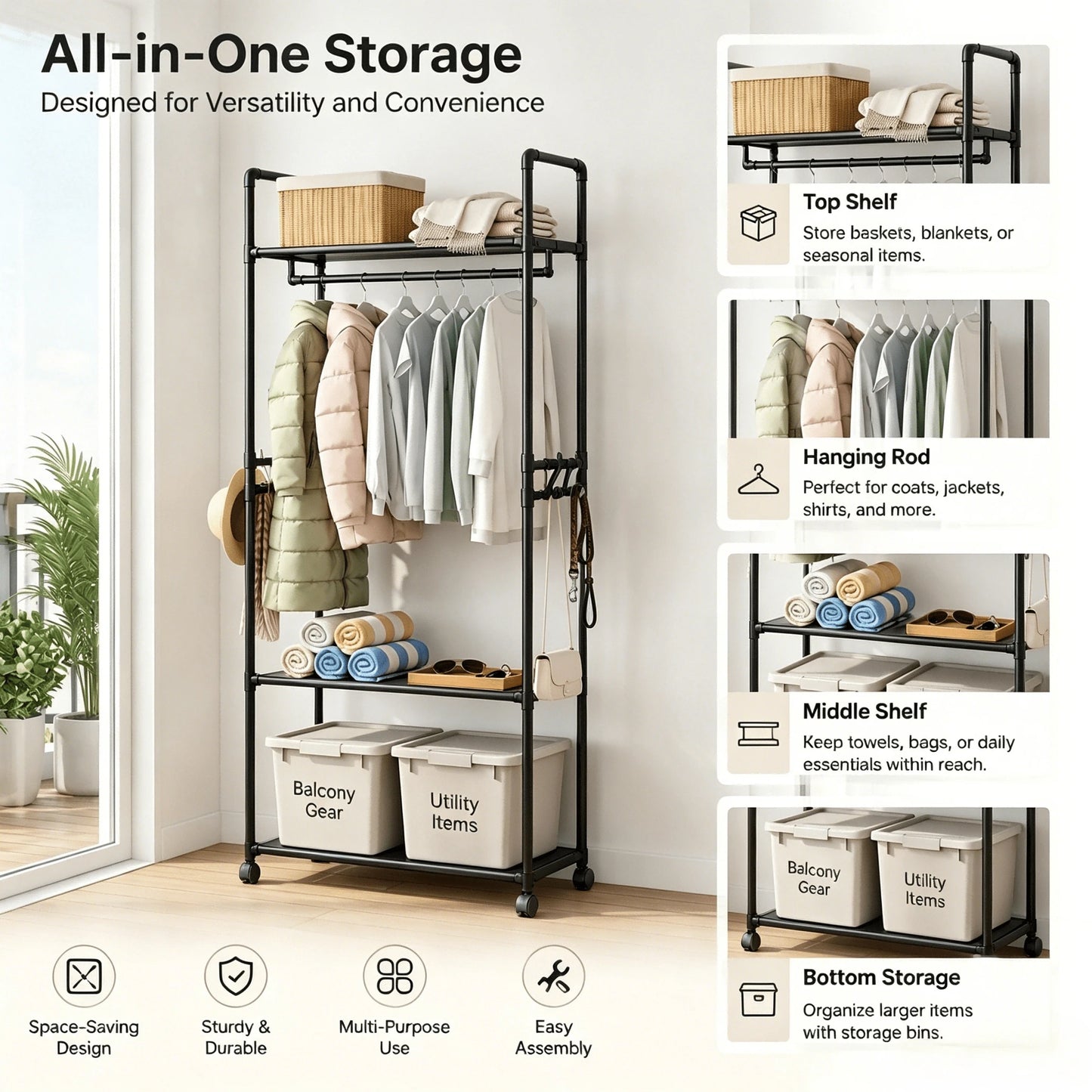 Multi-Layer Rolling Garment Rack With Storage Shelves