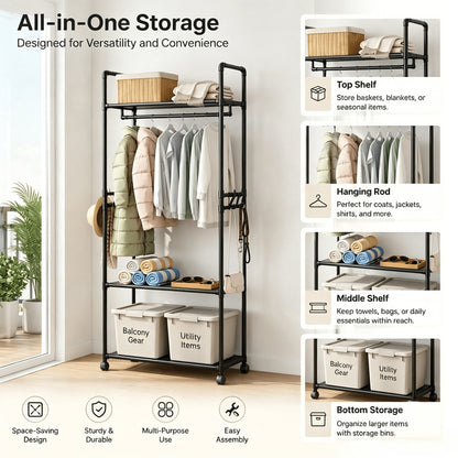 Multi-Layer Rolling Garment Rack With Storage Shelves