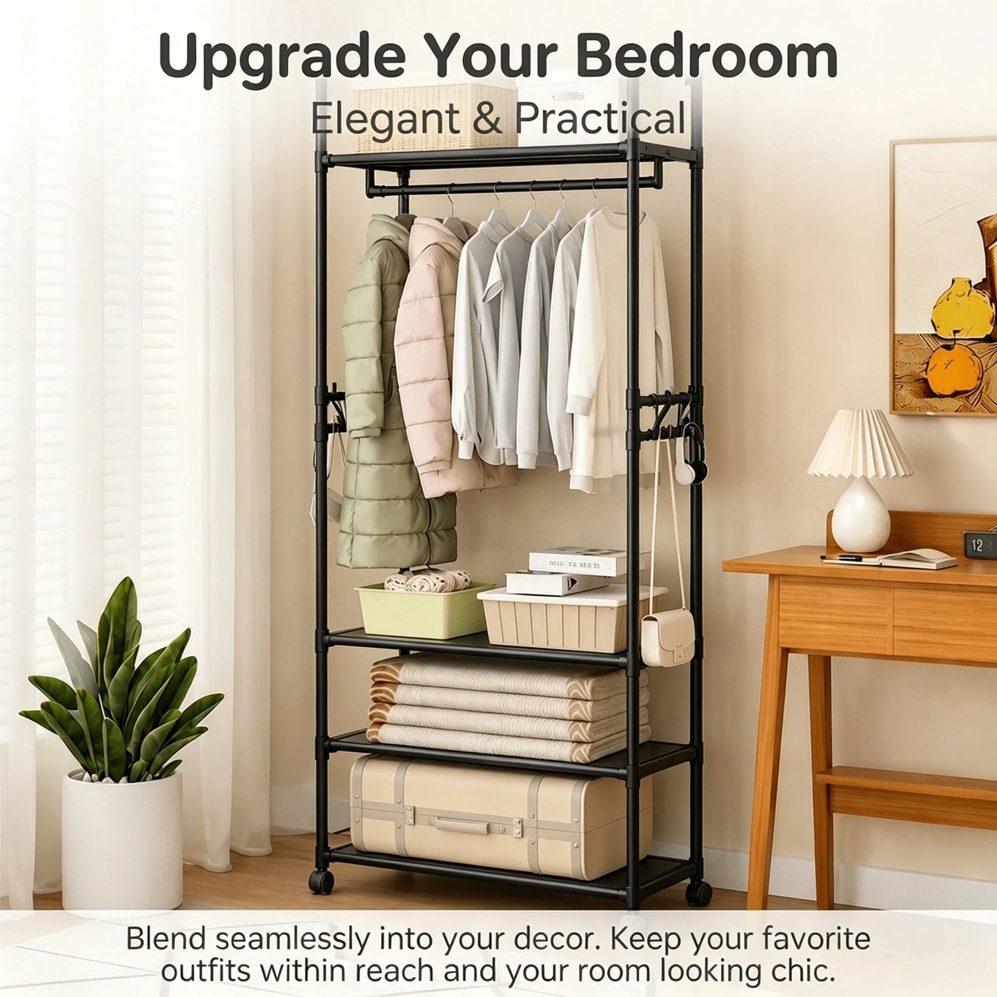 Multi-Layer Rolling Garment Rack With Storage Shelves