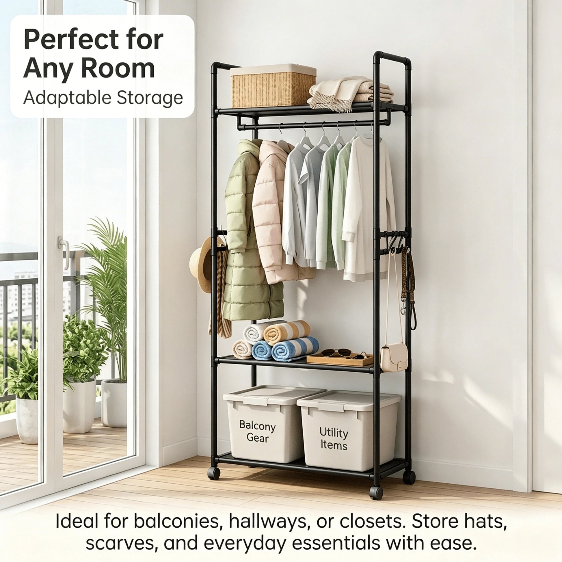 Multi-Layer Rolling Garment Rack With Storage Shelves