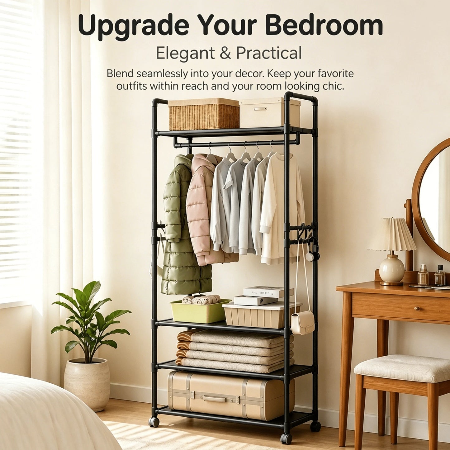 Multi-Layer Rolling Garment Rack With Storage Shelves