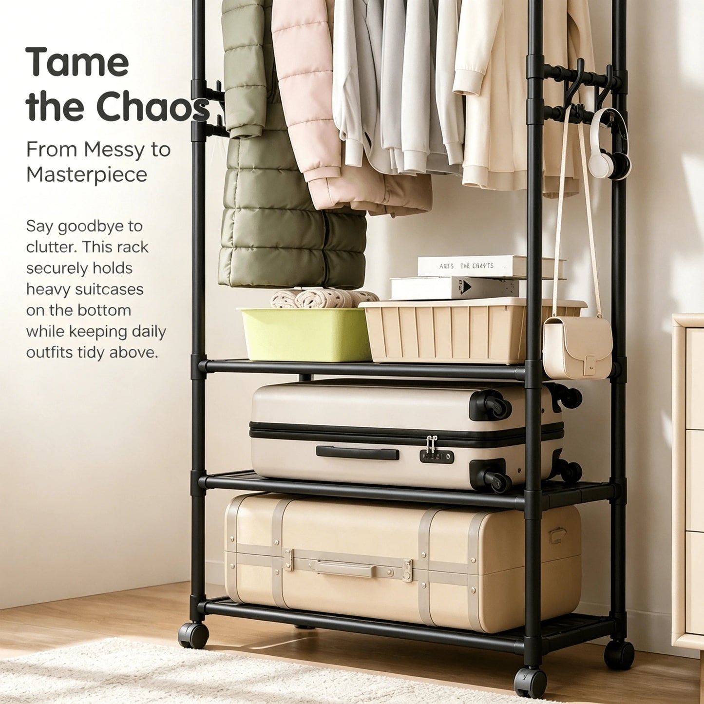 Multi-Layer Rolling Garment Rack With Storage Shelves