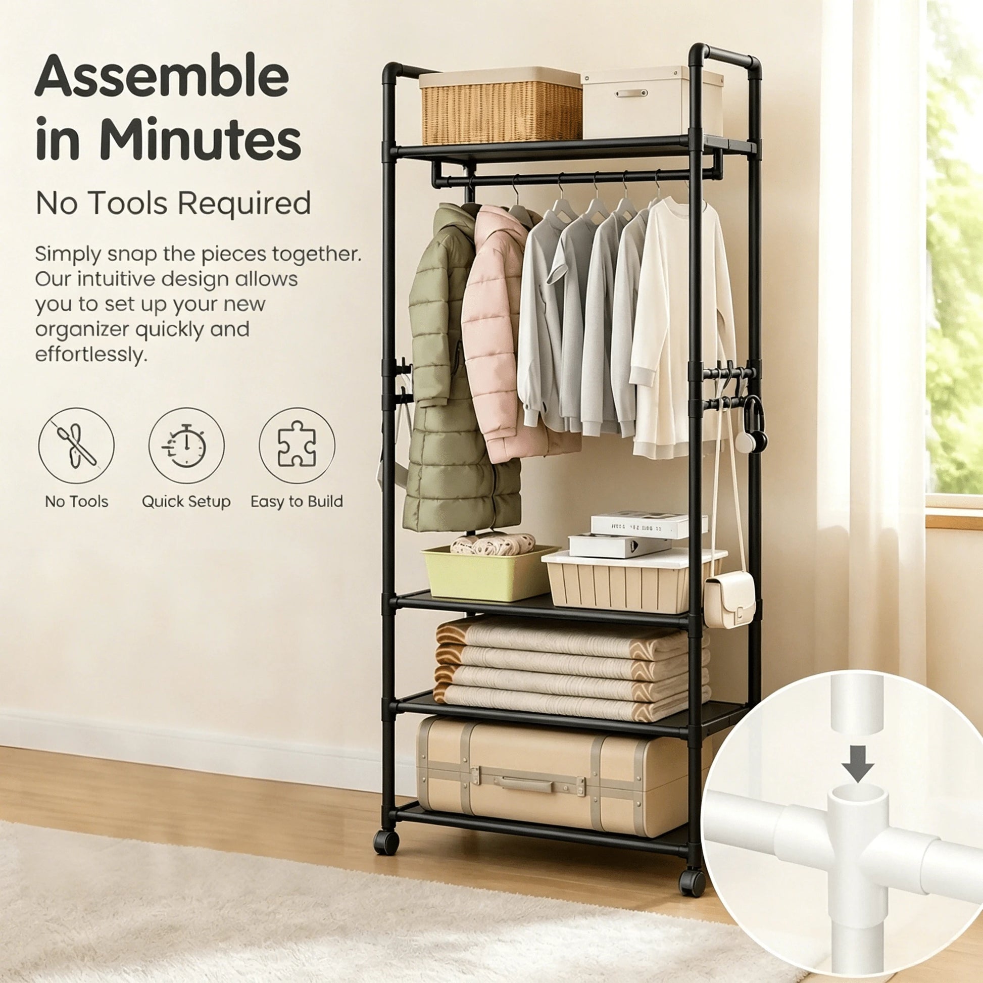Multi-Layer Rolling Garment Rack With Storage Shelves