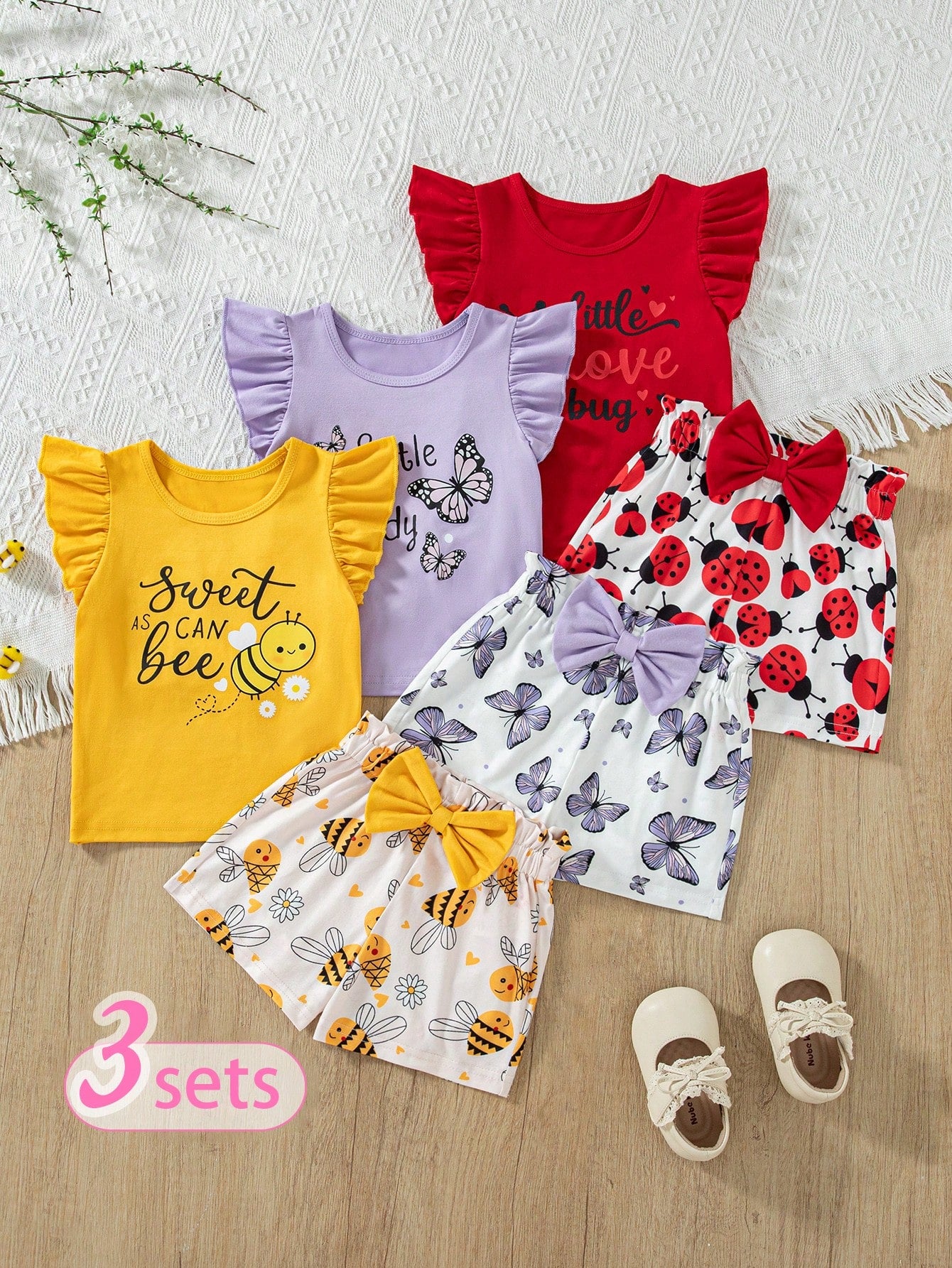 Multicolor Baby Girls Cute All Over Print Ruffle Short Sleeve Camisole And Shorts Set For Summer Play Graphic BirthdayOutfit Blossom Picnic Core