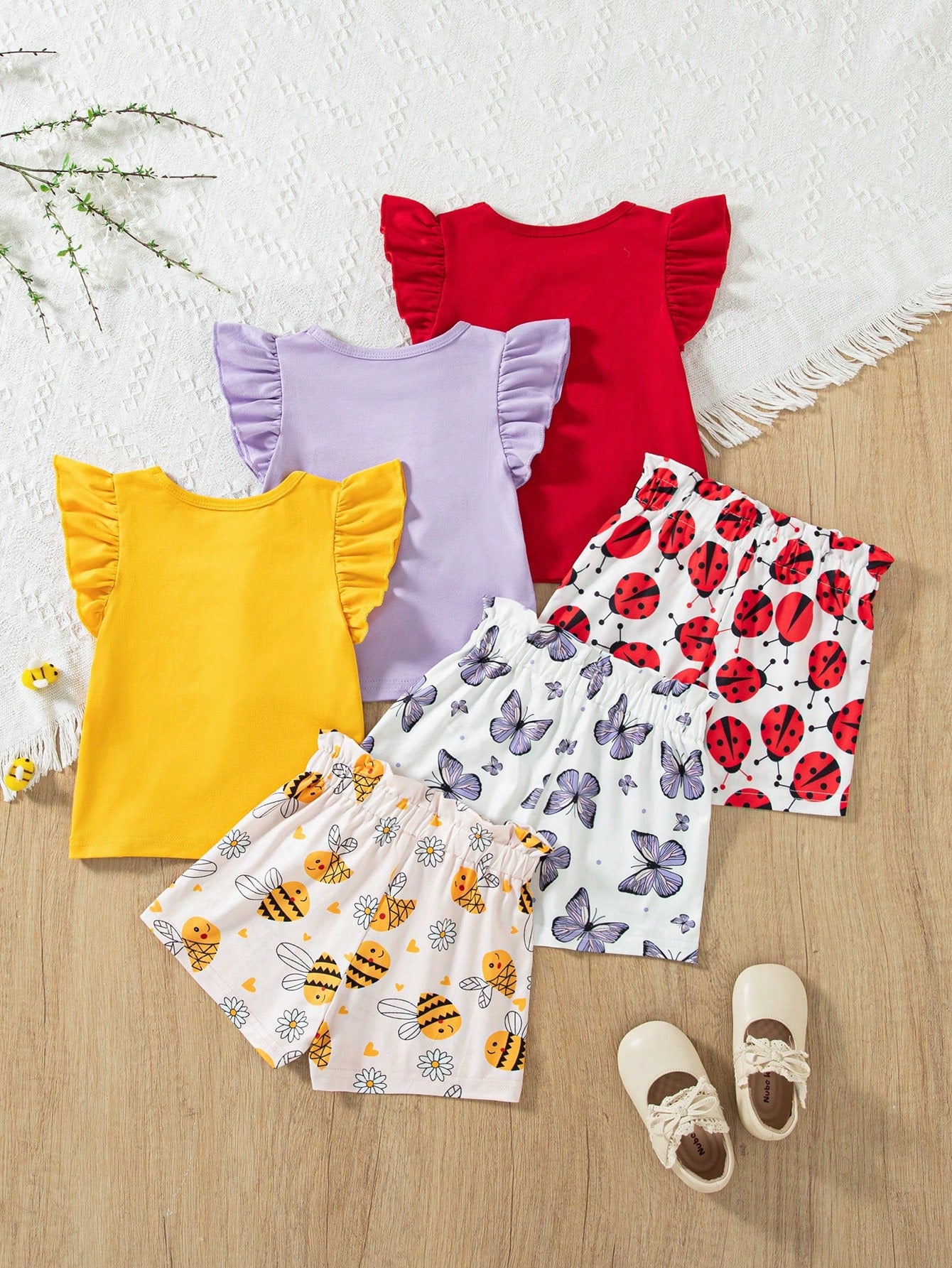 Multicolor Baby Girls Cute All Over Print Ruffle Short Sleeve Camisole And Shorts Set For Summer Play Graphic BirthdayOutfit Blossom Picnic Core