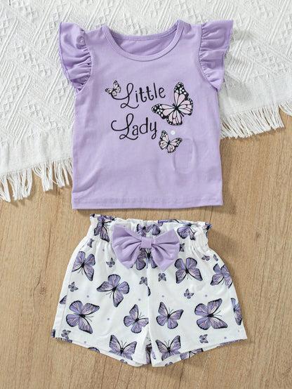 Multicolor Baby Girls Cute All Over Print Ruffle Short Sleeve Camisole And Shorts Set For Summer Play Graphic BirthdayOutfit Blossom Picnic Core