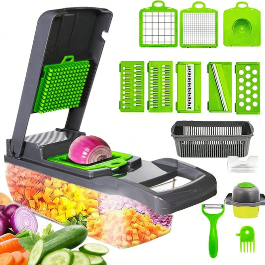 Multifunctional 15-In-1 Food Vegetable Chopper, Cutter Slicer Salad Onion Chopper Cutter Dicer With Container, 8 Interchangable Blades, Hand Protector, Drain Strainer, Peeler, Multifunctional Pro Food