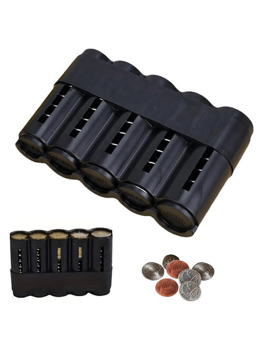 Multifunctional Black Plastic Coin Storage Box- 5 Compartment Euro Coin Storage Box With Coin Dispenser, Portable Euro Coin Box And Travel Coin Container| Suitable For Car, Home, Office And Travel C