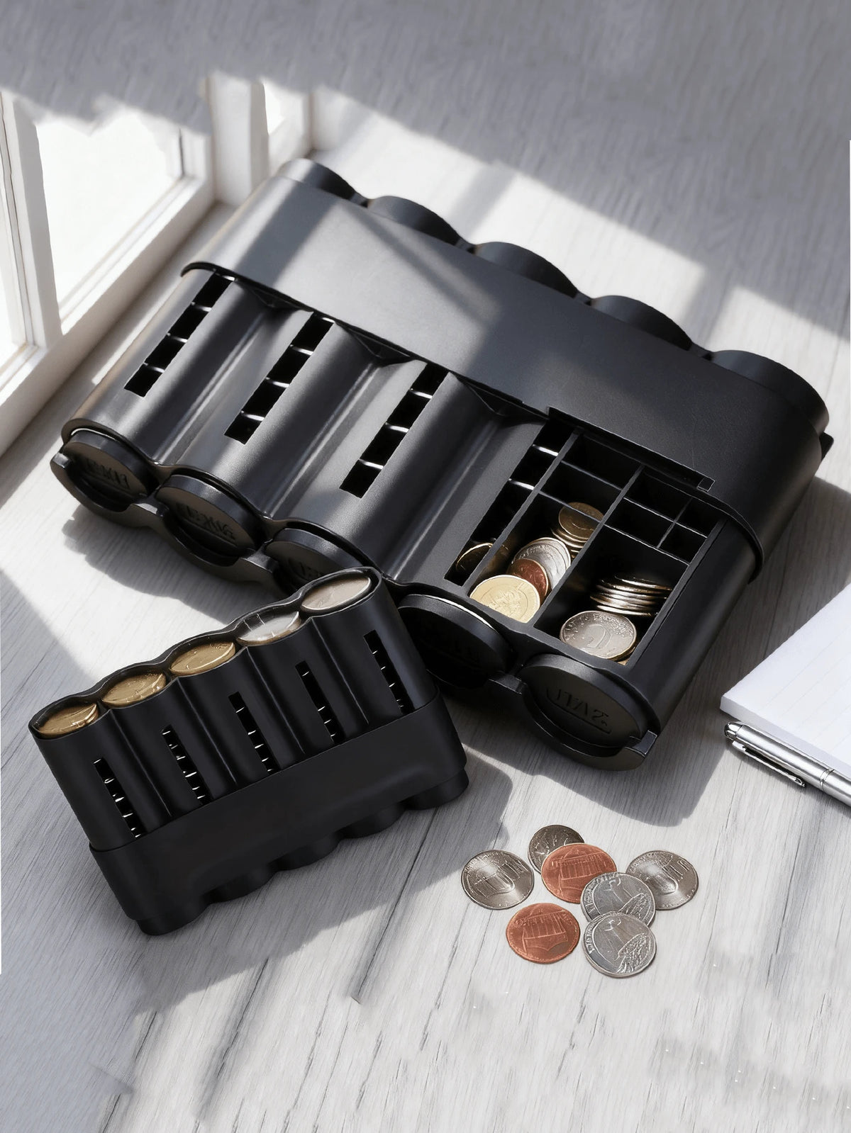 Multifunctional Black Plastic Coin Storage Box- 5 Compartment Euro Coin Storage Box With Coin Dispenser, Portable Euro Coin Box And Travel Coin Container| Suitable For Car, Home, Office And Travel C