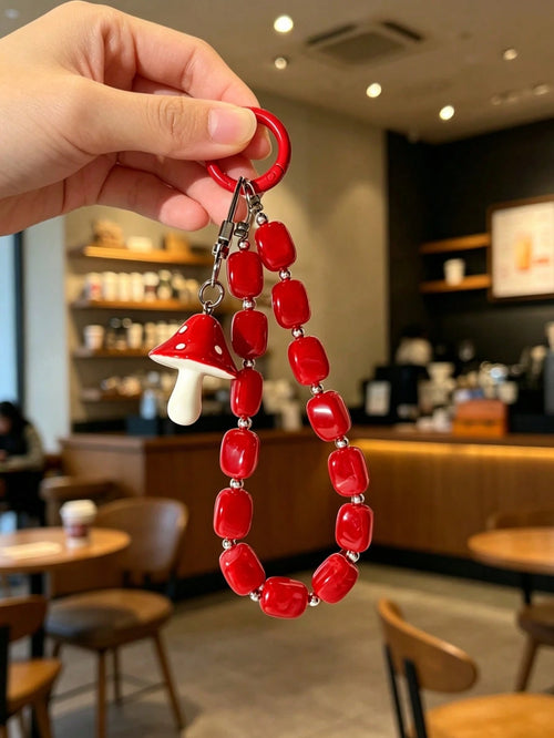 Mushroom Pendant Bead String, Square Bead Short Phone Lanyard, Phone Chain, Phone Accessory, Anti-Loss Phone Strap For Travel And Outdoor, Valentine's Day, Holiday Gift, Fashion Accessory Phone Rope