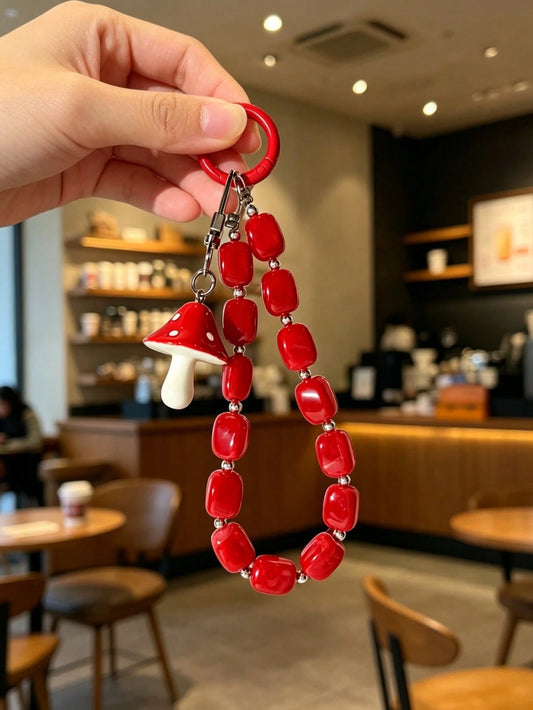Mushroom Pendant Bead String, Square Bead Short Phone Lanyard, Phone Chain, Phone Accessory, Anti-Loss Phone Strap For Travel And Outdoor, Valentine's Day, Holiday Gift, Fashion Accessory Phone Rope