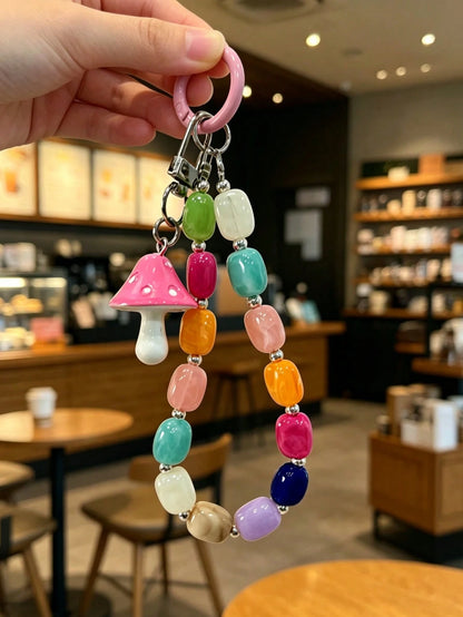 Mushroom Pendant Bead String, Square Bead Short Phone Lanyard, Phone Chain, Phone Accessory, Anti-Loss Phone Strap For Travel And Outdoor, Valentine's Day, Holiday Gift, Fashion Accessory Phone Rope