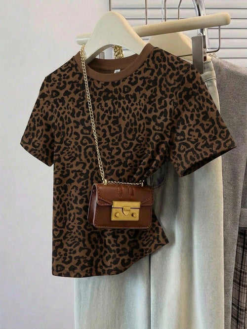 Muvela Brown Checkered,Summer,Casual,Chic,Night Out,Leopard Print Round Neck Short Sleeve Loose T-Shirt For Women,Contrast Color Minimalist Fashion Y2K Top
