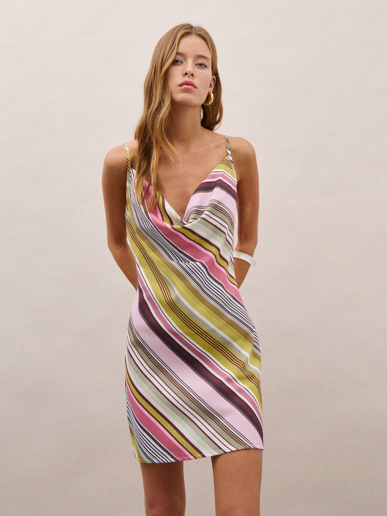 Nöista Striped Mini Dress With A Draped Cowl Neckline And Adjustable Straps On Back. Perfect For Summer