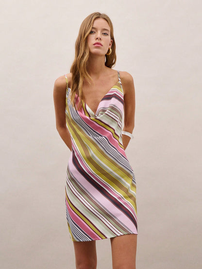 Nöista Striped Mini Dress With A Draped Cowl Neckline And Adjustable Straps On Back. Perfect For Summer