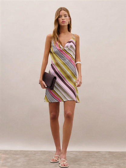 Nöista Striped Mini Dress With A Draped Cowl Neckline And Adjustable Straps On Back. Perfect For Summer