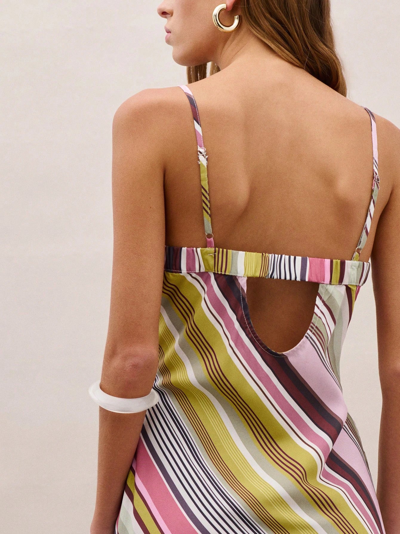 Nöista Striped Mini Dress With A Draped Cowl Neckline And Adjustable Straps On Back. Perfect For Summer