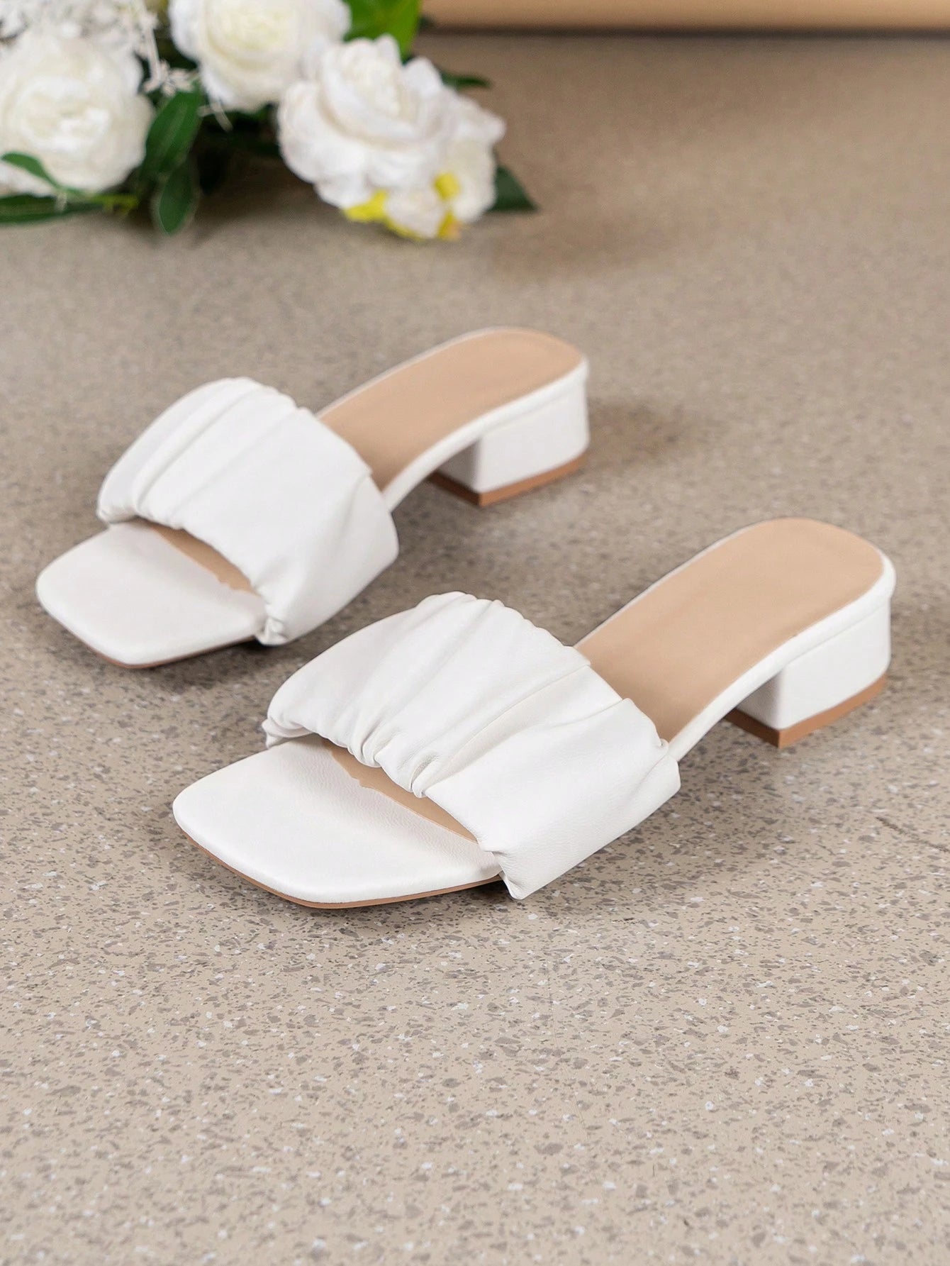 NANBEI ZUO Fashion Ruched Square Toe Chunky Heel Women's White Slide Sandals, Summer Versatile Minimalist Casual Mid-Heel Sandals