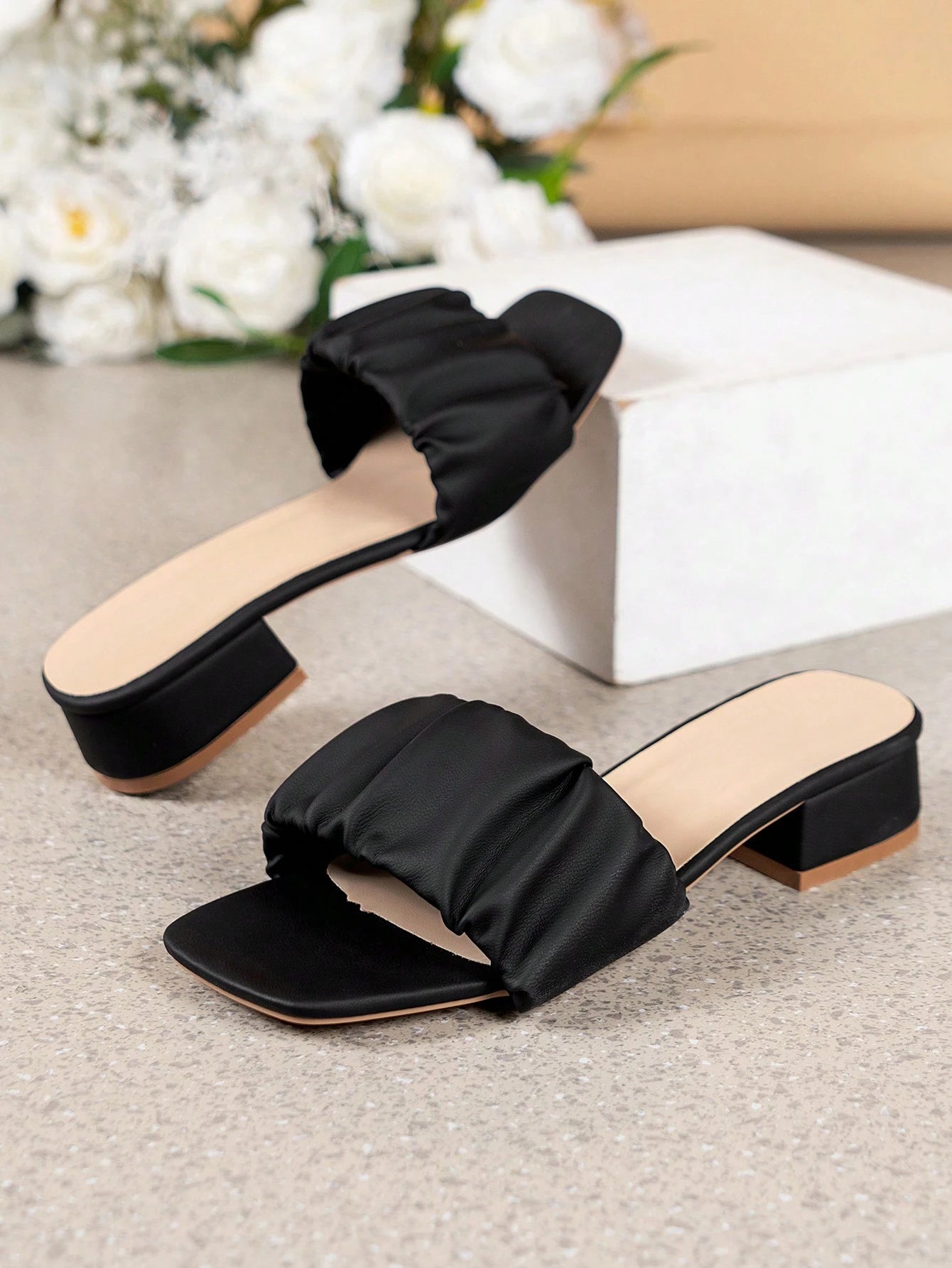 NANBEI ZUO Fashion Ruched Square Toe Chunky Heel Women's White Slide Sandals, Summer Versatile Minimalist Casual Mid-Heel Sandals