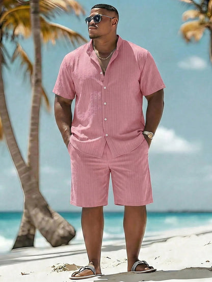 Naviga Onda Men's Plus Size Summer Pink Casual Solid Color Short Sleeve Shirt And Shorts Set,Beach Party Pool Holiday Vacation Hawaii Tropical Swim Bathing Outfit