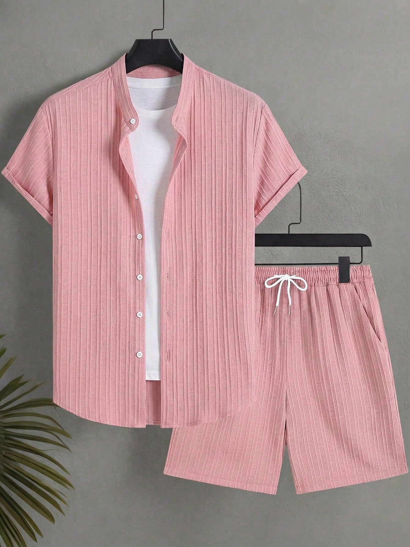 Naviga Onda Men's Plus Size Summer Pink Casual Solid Color Short Sleeve Shirt And Shorts Set,Beach Party Pool Holiday Vacation Hawaii Tropical Swim Bathing Outfit