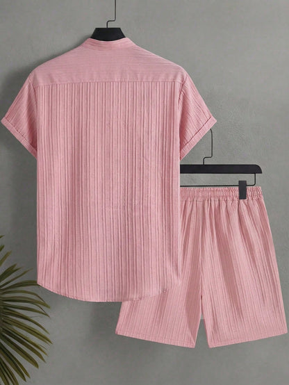 Naviga Onda Men's Plus Size Summer Pink Casual Solid Color Short Sleeve Shirt And Shorts Set,Beach Party Pool Holiday Vacation Hawaii Tropical Swim Bathing Outfit