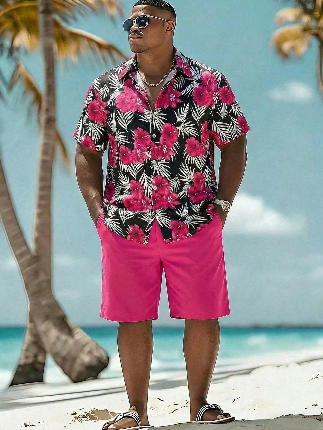 Naviga Onda Plus Size Men's Tropical Plant Print Short Sleeve Shirt And Shorts Beach Outfit, Holiday