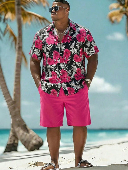 Naviga Onda Plus Size Men's Tropical Plant Print Short Sleeve Shirt And Shorts Beach Outfit, Holiday