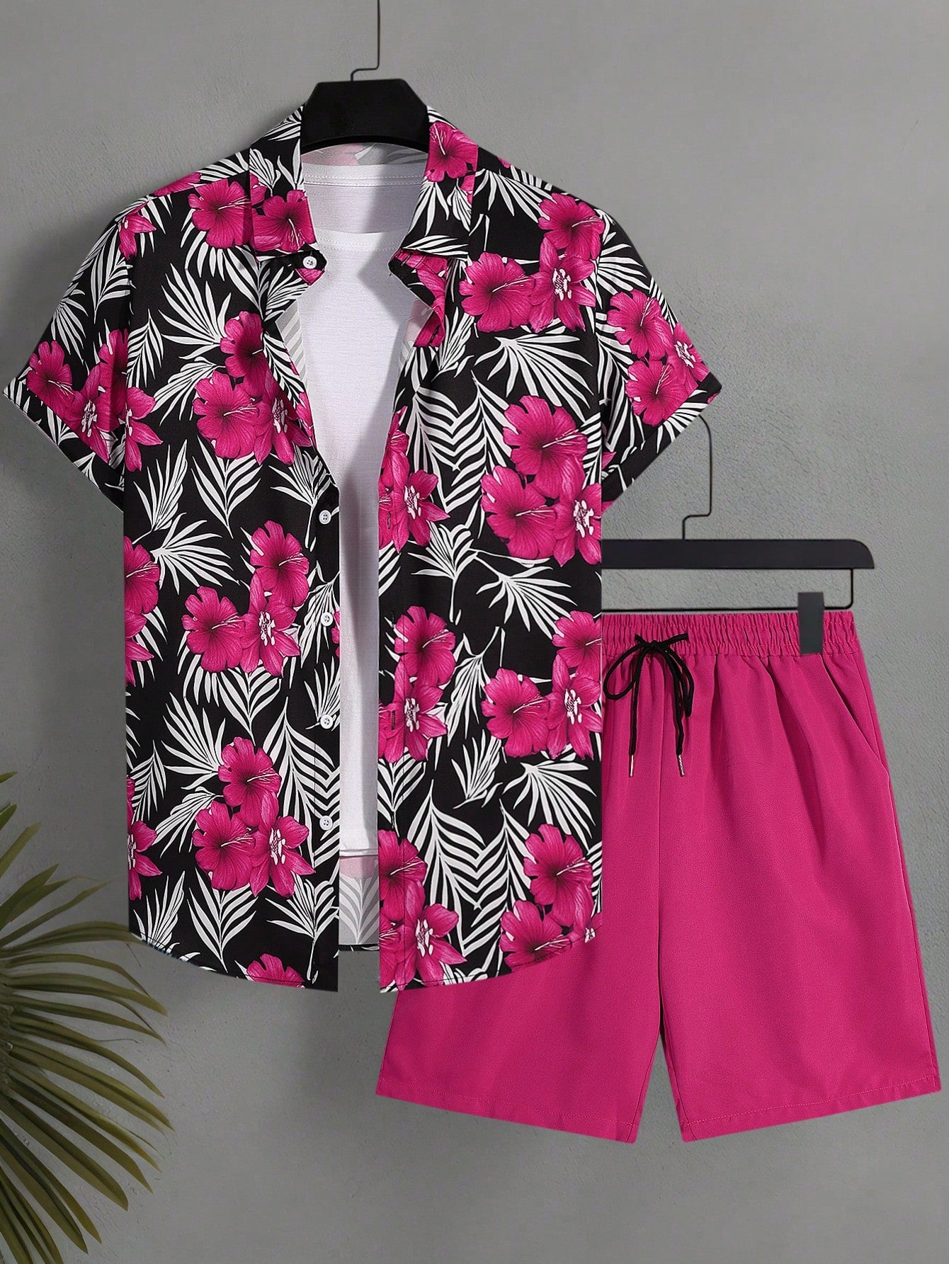 Naviga Onda Plus Size Men's Tropical Plant Print Short Sleeve Shirt And Shorts Beach Outfit, Holiday