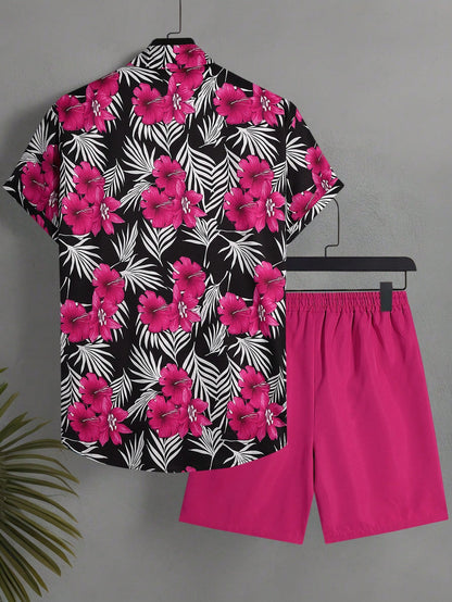Naviga Onda Plus Size Men's Tropical Plant Print Short Sleeve Shirt And Shorts Beach Outfit, Holiday