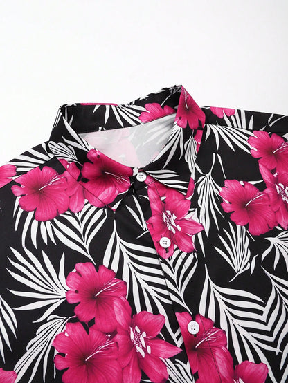 Naviga Onda Plus Size Men's Tropical Plant Print Short Sleeve Shirt And Shorts Beach Outfit, Holiday