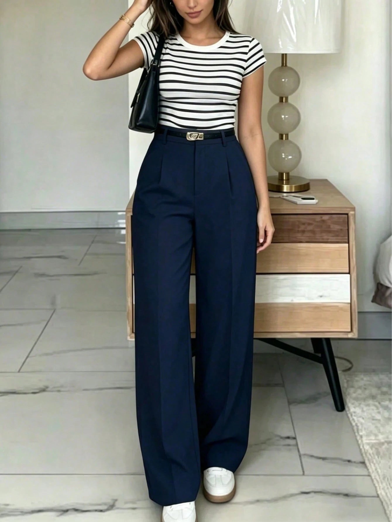Navy High-Waisted Slim Fit Wide Leg Pants For Women, Bohemian Street Style, Suitable For Spring/Summer Daily Wear, Work Commute, Vacation, Fashionable & Elegant (Belt Not Included)