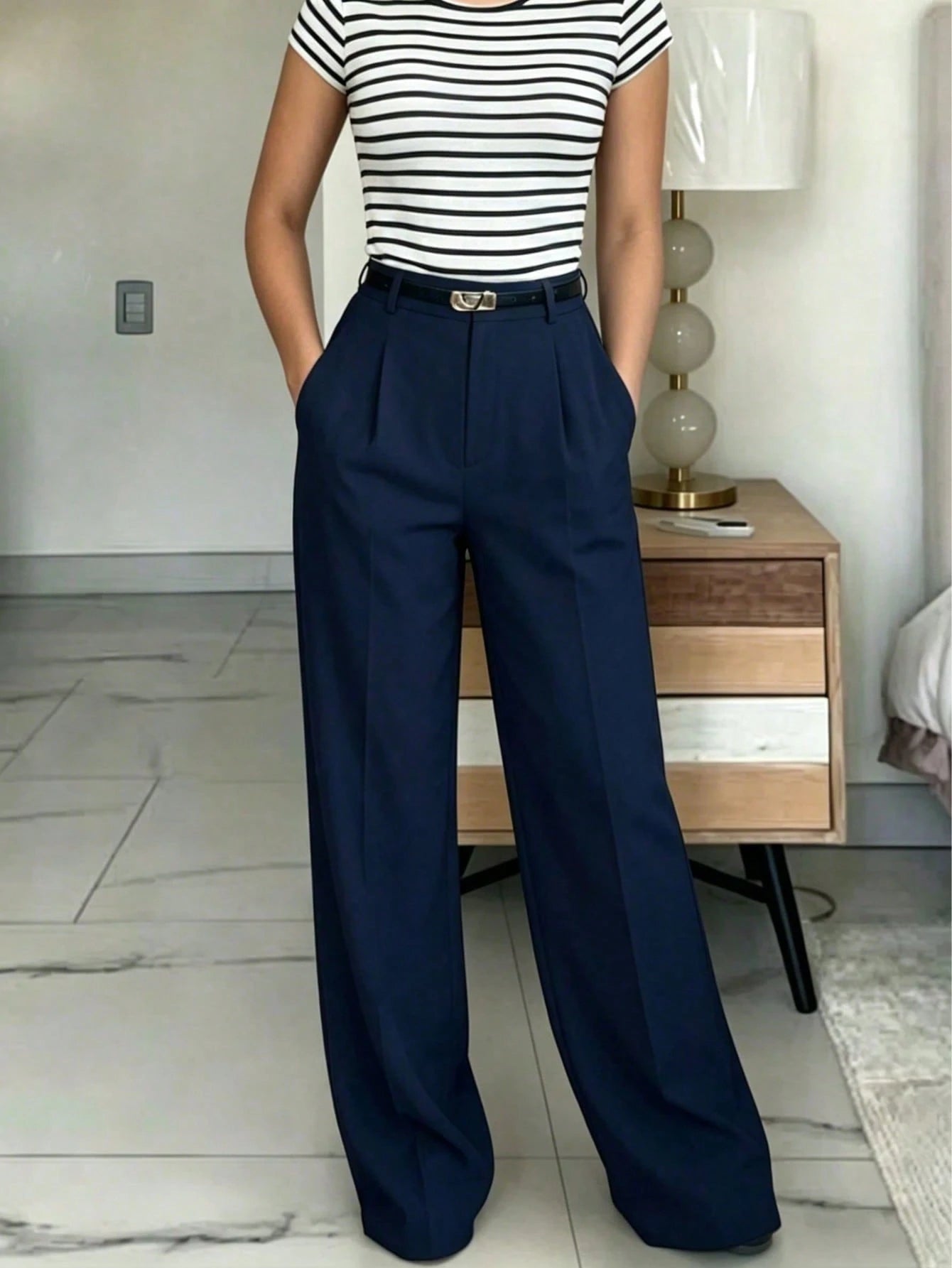 Navy High-Waisted Slim Fit Wide Leg Pants For Women, Bohemian Street Style, Suitable For Spring/Summer Daily Wear, Work Commute, Vacation, Fashionable & Elegant (Belt Not Included)