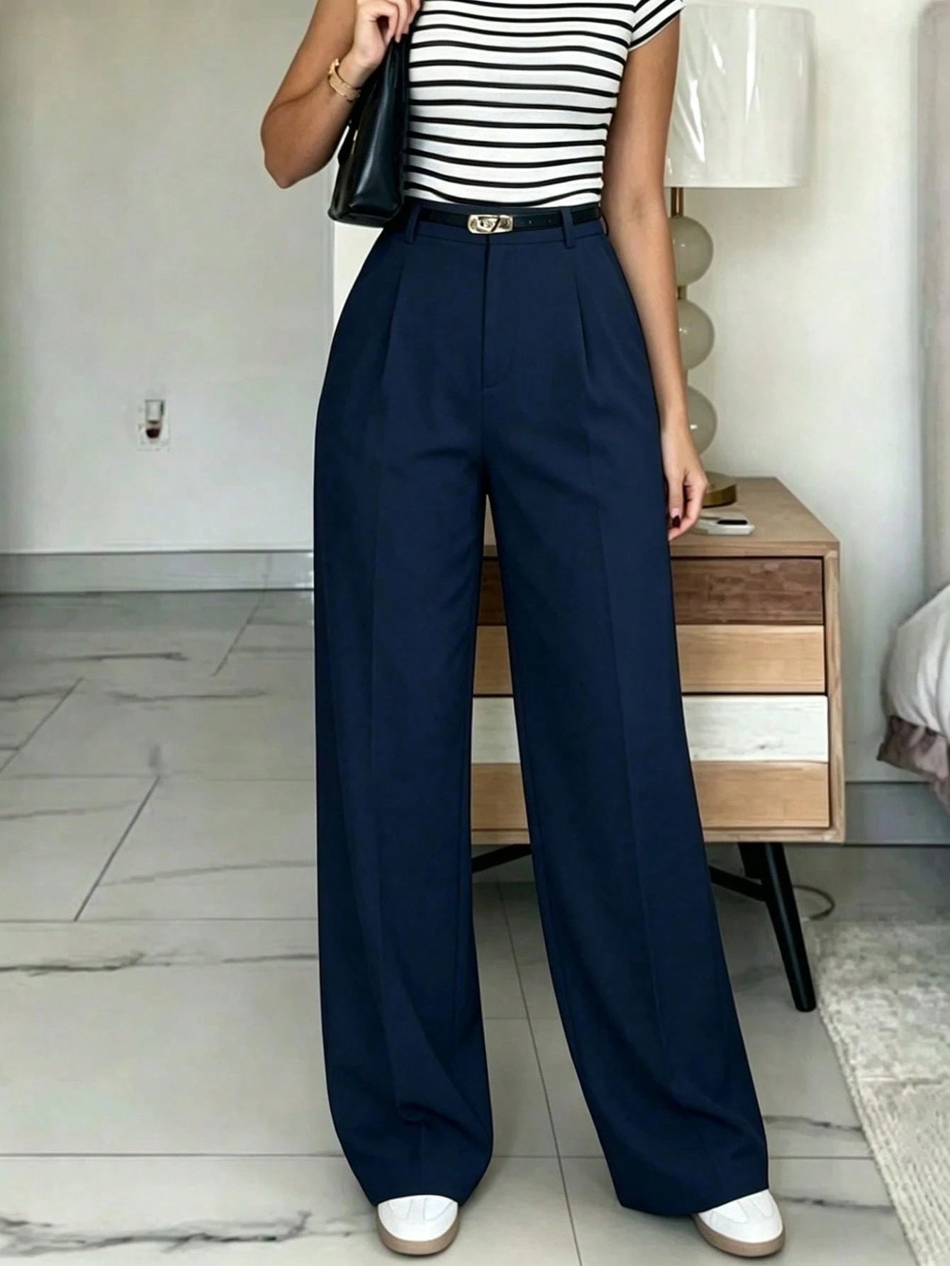 Navy High-Waisted Slim Fit Wide Leg Pants For Women, Bohemian Street Style, Suitable For Spring/Summer Daily Wear, Work Commute, Vacation, Fashionable & Elegant (Belt Not Included)