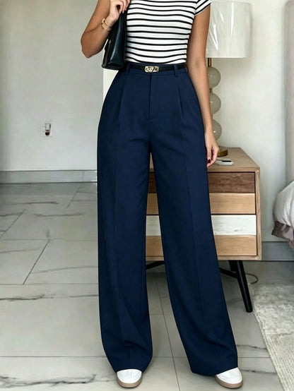 Navy High-Waisted Slim Fit Wide Leg Pants For Women, Bohemian Street Style, Suitable For Spring/Summer Daily Wear, Work Commute, Vacation, Fashionable & Elegant (Belt Not Included)