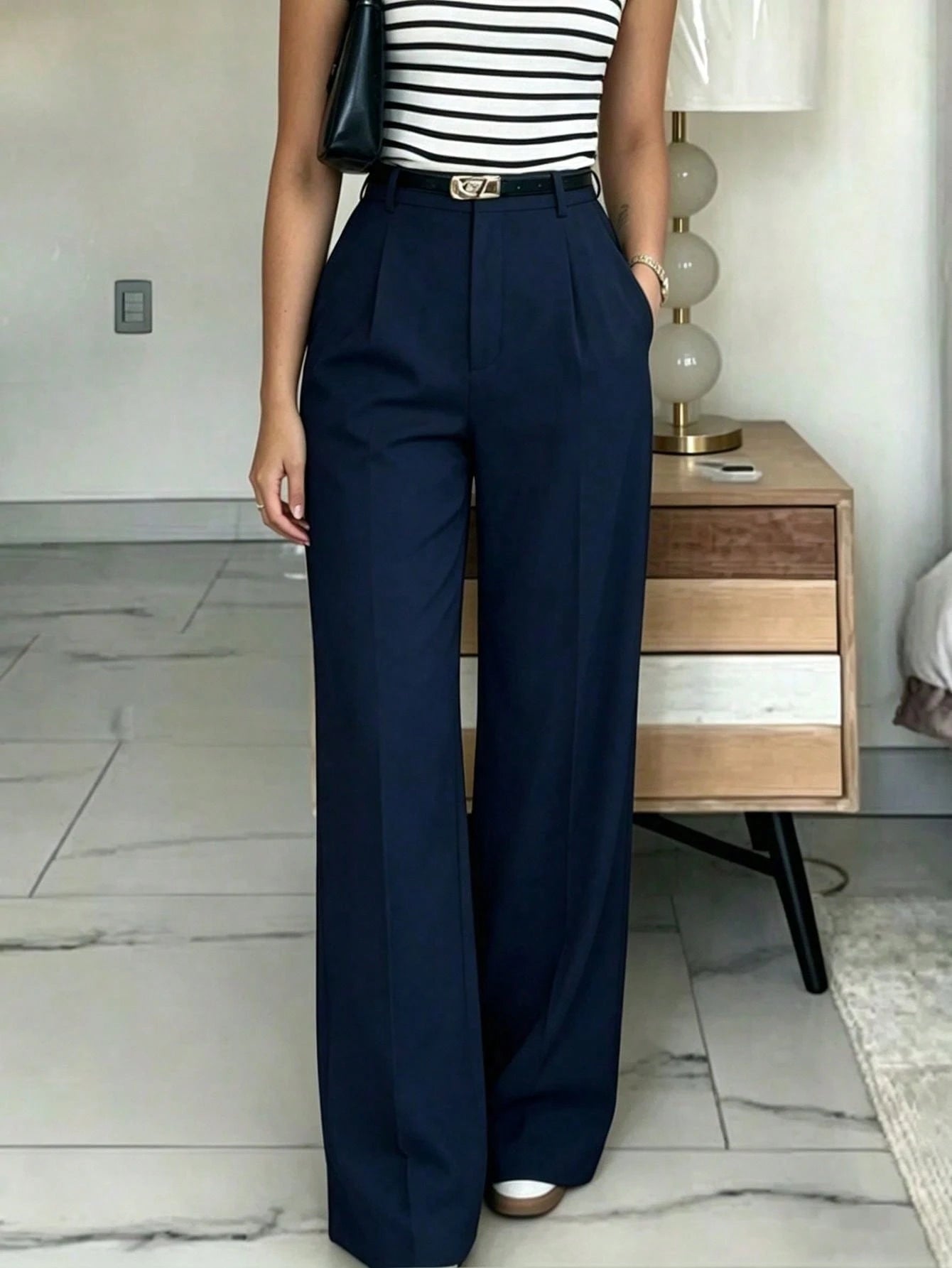 Navy High-Waisted Slim Fit Wide Leg Pants For Women, Bohemian Street Style, Suitable For Spring/Summer Daily Wear, Work Commute, Vacation, Fashionable & Elegant (Belt Not Included)