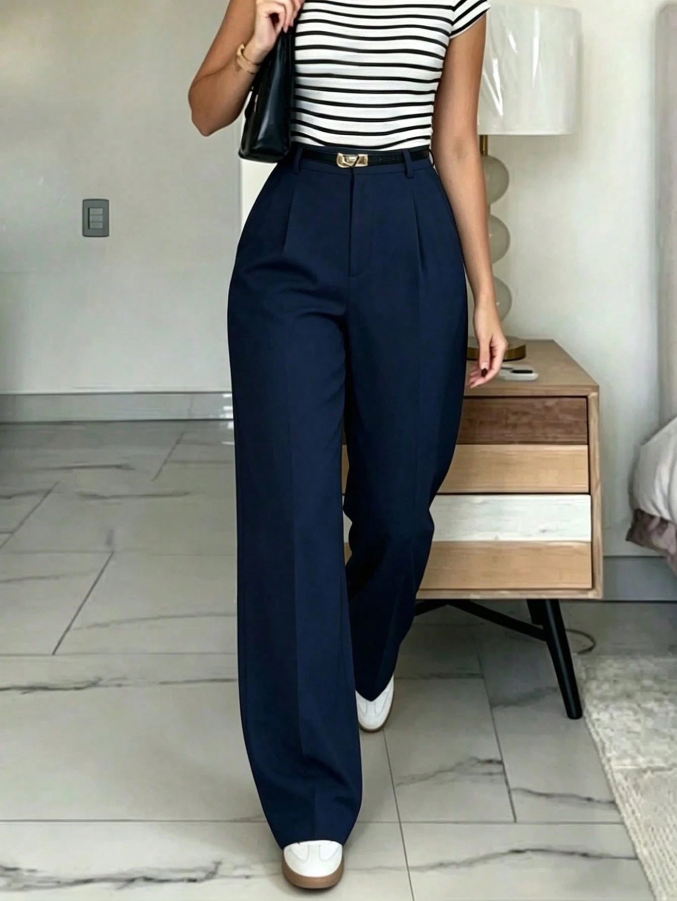 Navy High-Waisted Slim Fit Wide Leg Pants For Women, Bohemian Street Style, Suitable For Spring/Summer Daily Wear, Work Commute, Vacation, Fashionable & Elegant (Belt Not Included)