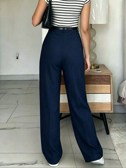 Navy High-Waisted Slim Fit Wide Leg Pants For Women, Bohemian Street Style, Suitable For Spring/Summer Daily Wear, Work Commute, Vacation, Fashionable & Elegant (Belt Not Included)