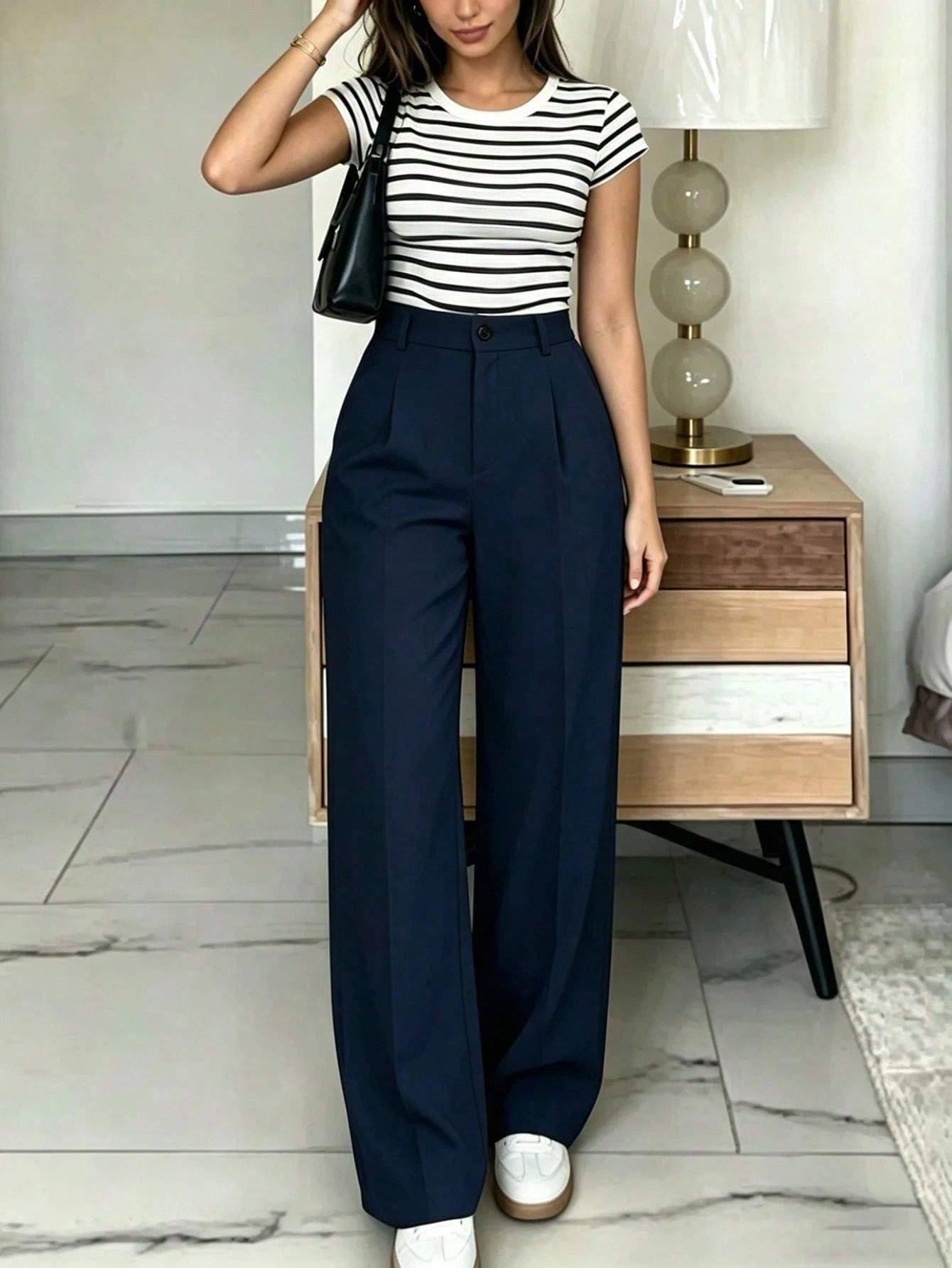 Navy High-Waisted Slim Fit Wide Leg Pants For Women, Bohemian Street Style, Suitable For Spring/Summer Daily Wear, Work Commute, Vacation, Fashionable & Elegant (Belt Not Included)