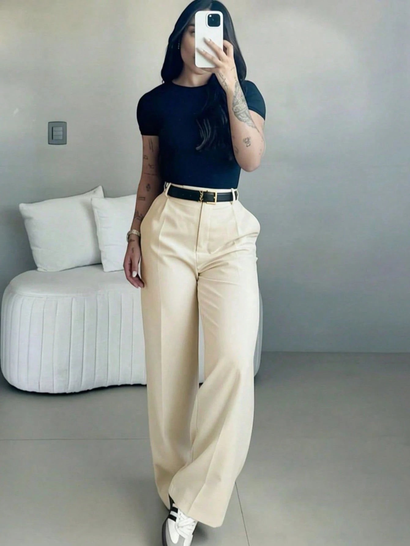 Navy High-Waisted Slim Fit Wide Leg Pants For Women, Bohemian Street Style, Suitable For Spring/Summer Daily Wear, Work Commute, Vacation, Fashionable & Elegant (Belt Not Included)