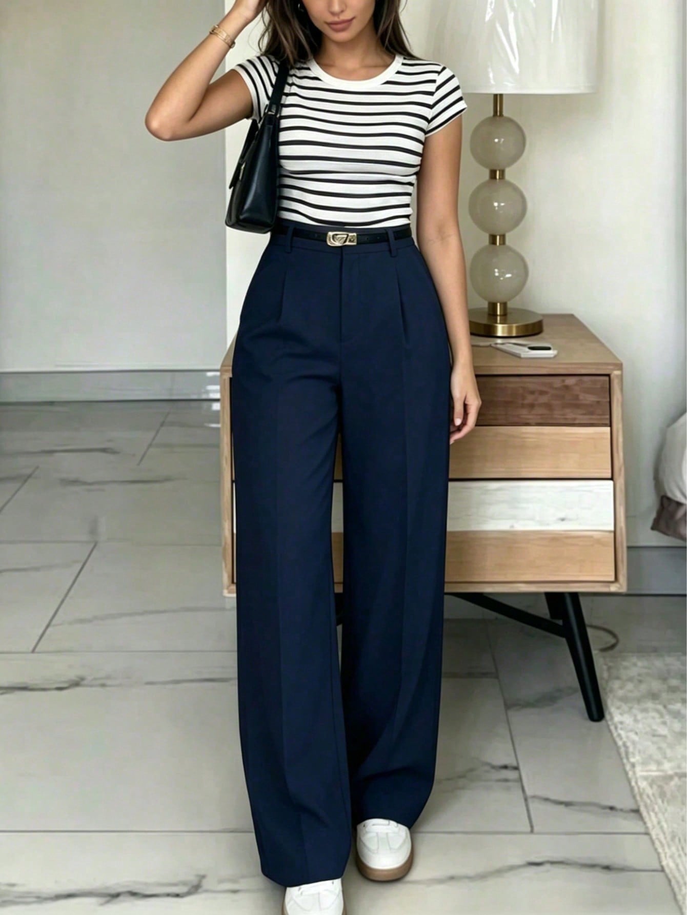 Navy High-Waisted Slim Fit Wide Leg Pants For Women, Bohemian Street Style, Suitable For Spring/Summer Daily Wear, Work Commute, Vacation, Fashionable & Elegant (Belt Not Included)