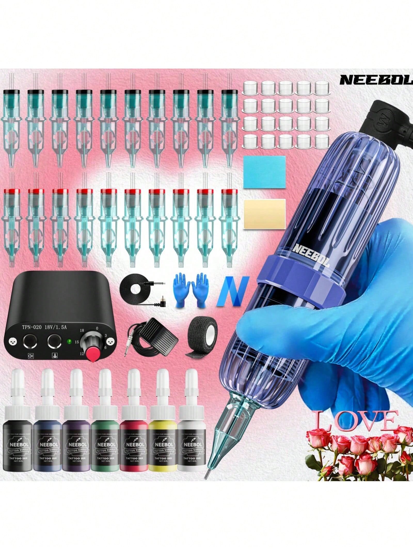NEEBOL Tattoo Pen Kit, Tattoo Machine Tattoo Gun Transparent Appearance, 4 Macaron Colors, 20 Cartridge Needles, 35ml Ink, Complete Tattoo Pen Kit, Holiday Festival Gifts For Tattoo Beginners And Arti