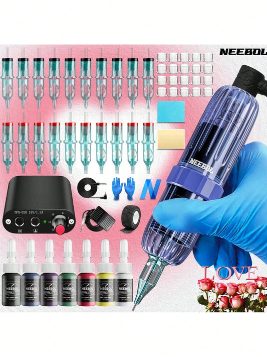 NEEBOL Tattoo Pen Kit, Tattoo Machine Tattoo Gun Transparent Appearance, 4 Macaron Colors, 20 Cartridge Needles, 35ml Ink, Complete Tattoo Pen Kit, Holiday Festival Gifts For Tattoo Beginners And Arti