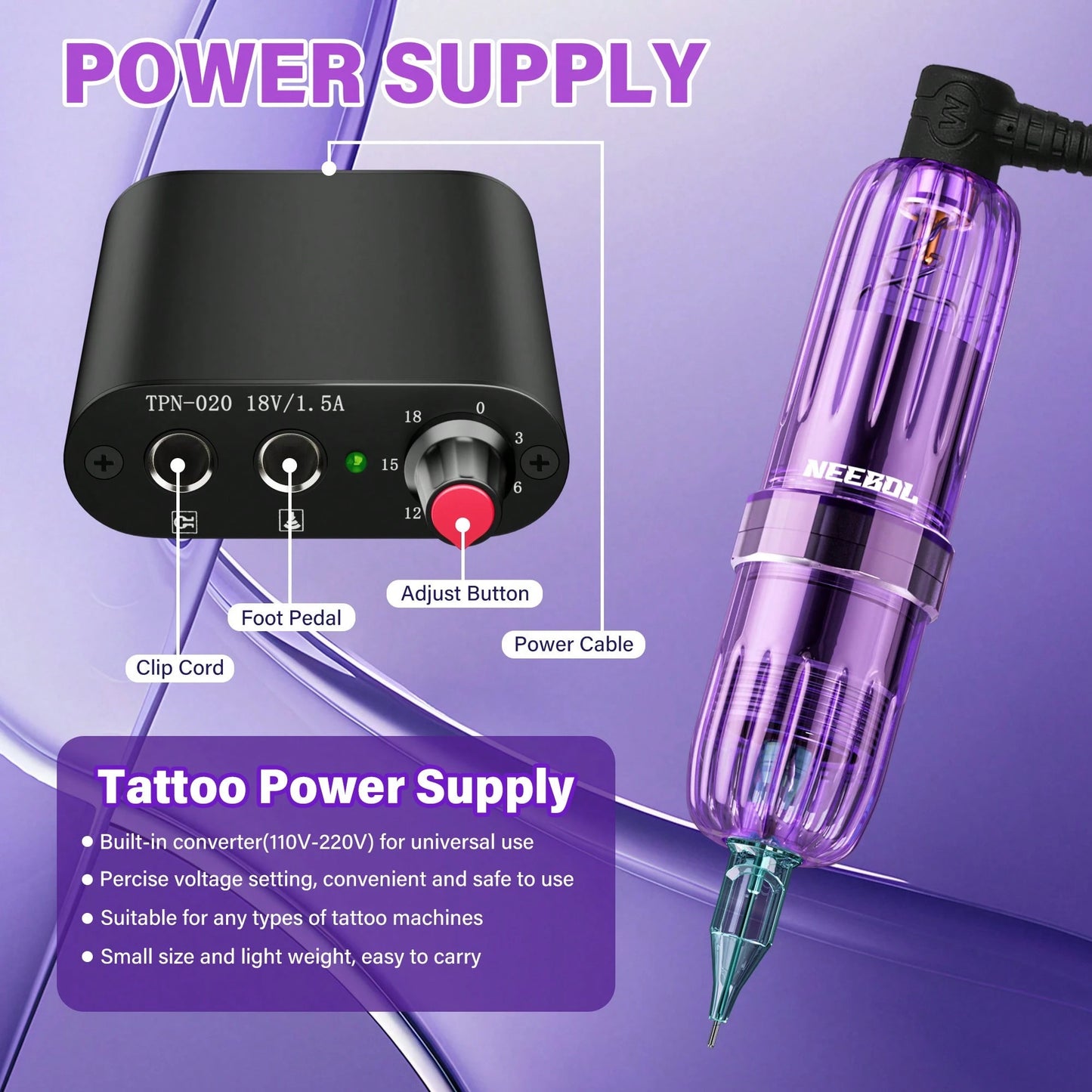NEEBOL Tattoo Pen Kit, Tattoo Machine Tattoo Gun Transparent Appearance, 4 Macaron Colors, 20 Cartridge Needles, 35ml Ink, Complete Tattoo Pen Kit, Holiday Festival Gifts For Tattoo Beginners And Arti