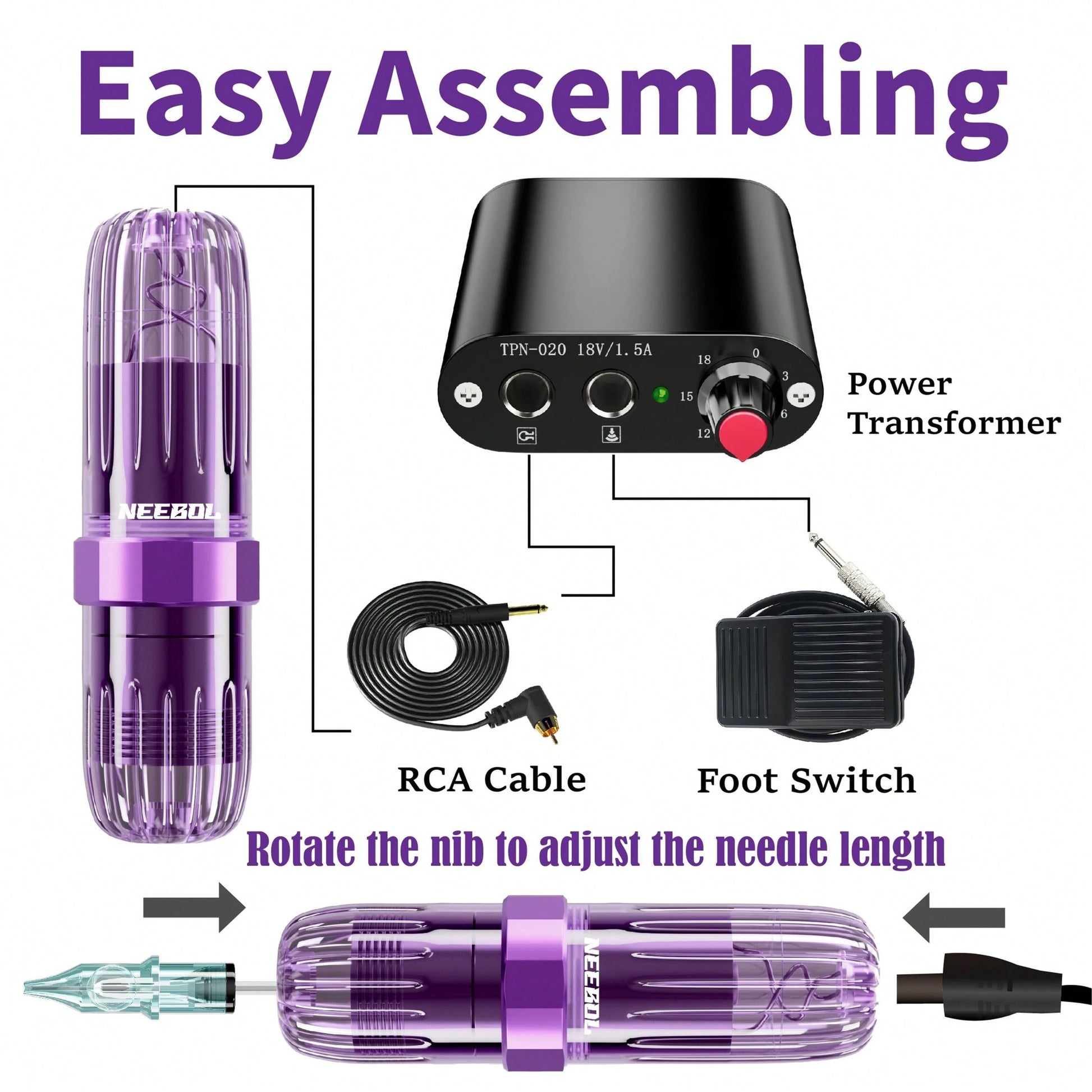 NEEBOL Tattoo Pen Kit, Tattoo Machine Tattoo Gun Transparent Appearance, 4 Macaron Colors, 20 Cartridge Needles, 35ml Ink, Complete Tattoo Pen Kit, Holiday Festival Gifts For Tattoo Beginners And Arti