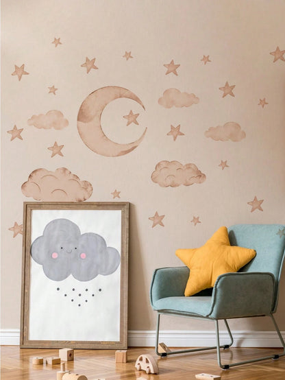 Neutral Watercolor Moon Star Cloud Wall Stickers, Removable Boho Nursery Decor, Unisex Toddler Baby Bedroom Playroom Wall Art Accessories