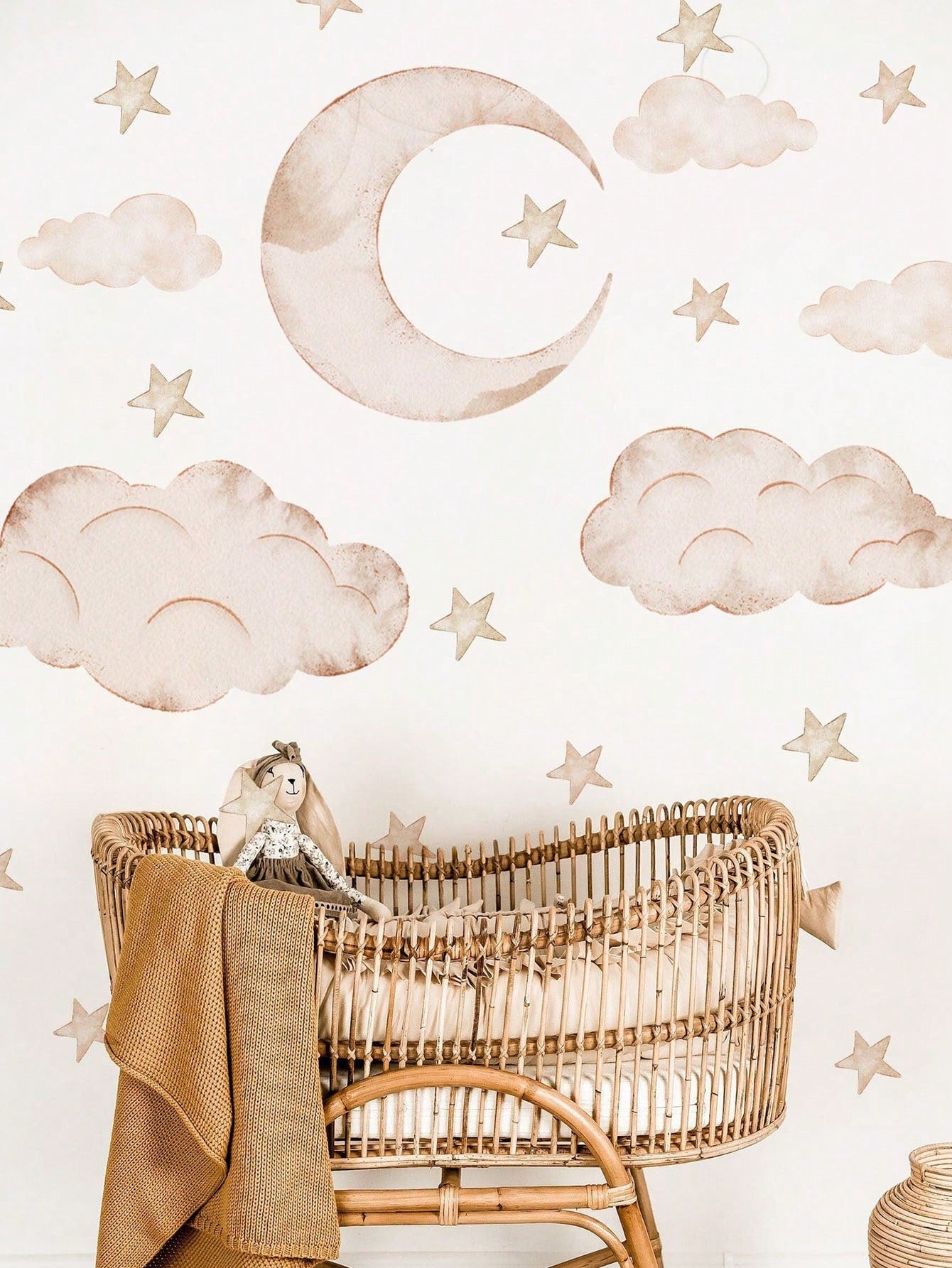 Neutral Watercolor Moon Star Cloud Wall Stickers, Removable Boho Nursery Decor, Unisex Toddler Baby Bedroom Playroom Wall Art Accessories