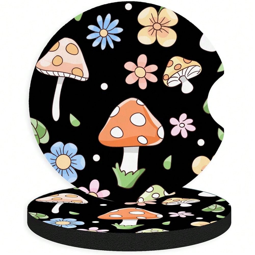 NEW- 2pcs Cute Mushrooms Car Coasters,Absorbent Universal Neoprener Cup Holder Coasters With A Finger Notch,Car Accessories For Women&Man Interior2.75" 1