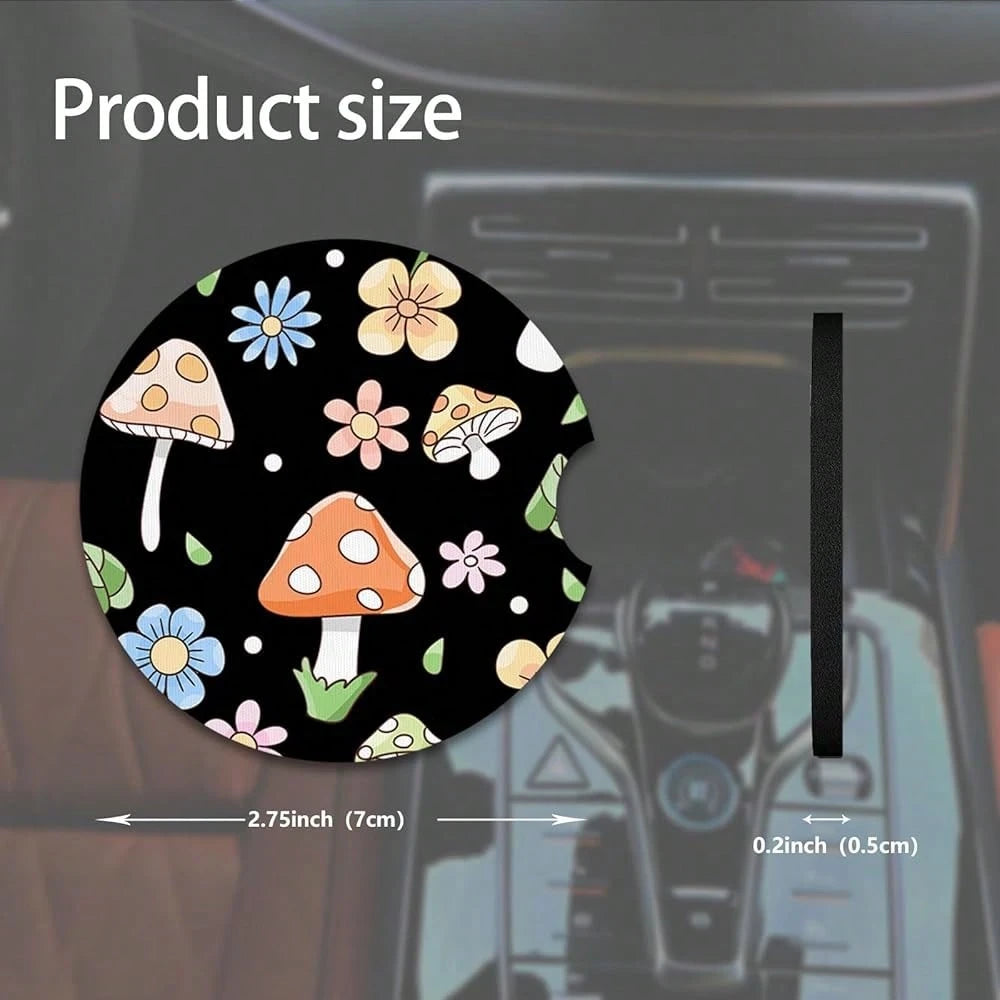NEW- 2pcs Cute Mushrooms Car Coasters,Absorbent Universal Neoprener Cup Holder Coasters With A Finger Notch,Car Accessories For Women&Man Interior2.75" 1