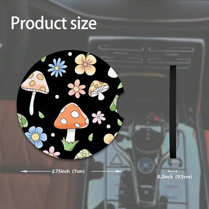 NEW- 2pcs Cute Mushrooms Car Coasters,Absorbent Universal Neoprener Cup Holder Coasters With A Finger Notch,Car Accessories For Women&Man Interior2.75" 1